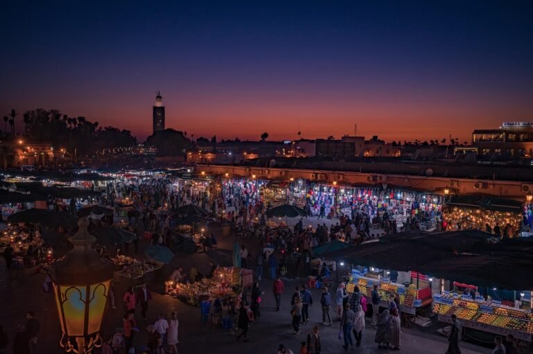 Panoramic view of Jemaa el-Fna square in Marrakech, Morocco