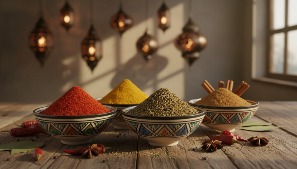 A beautifully arranged collection of Moroccan spices, including vibrant red paprika, golden turmeric, deep green cumin, and aromatic cinnamon sticks, displayed in intricately designed ceramic bowls. The foreground features a close-up of the spices, emphasizing their rich textures and colors. The middle ground includes a rustic wooden table, enhancing the natural feel, while the background reveals soft-focus Moroccan lanterns casting a warm, inviting glow. The overall lighting should be warm and cozy, akin to late afternoon sunlight filtering through a window, creating a serene and appetizing atmosphere. The shot is taken from a slightly elevated angle to showcase the spices’ captivating allure, evoking the charm and essential role of Moroccan spices in culinary tradition.