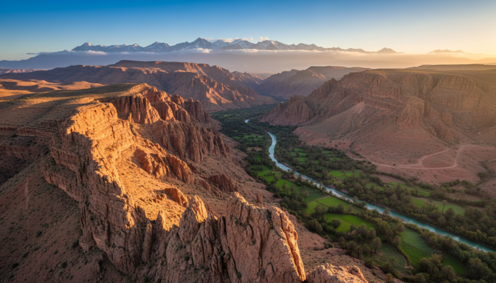 A breathtaking view of Canyon del Dades in Morocco, capturing its dramatic cliffs and winding river. In the foreground, rich reddish-brown rock formations rise sharply against a vibrant blue sky. The middle ground features lush green vegetation nestled between the canyon walls. In the background, jagged mountains frame the scene, their peaks slightly shrouded in soft, fluffy clouds. The lighting is warm and golden, suggesting the early morning sun casting gentle shadows across the canyon. The atmosphere is serene and awe-inspiring, embodying the natural beauty and adventure of this stunning location, inviting exploration and appreciation of the landscape's grandeur. The composition is shot from a slightly elevated angle to emphasize the depth and scale of the canyon without any text or human elements in the scene.
