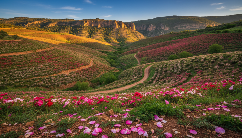 A breathtaking view of Valle delle Rose in Morocco, showcasing lush, rolling hills adorned with blooming rose bushes in vibrant shades of pink and red. In the foreground, delicate rose petals scatter across the ground beneath a clear blue sky. The middle ground features a winding pathway leading through the valleys, inviting exploration and adventure. Towering cliffs rise majestically in the background, dusted with greenery, and bathed in the warm glow of golden sunlight, suggesting early morning or late afternoon. The scene is serene and picturesque, evoking a sense of tranquility and natural beauty, perfect for highlighting the unique charm of this destination. The lighting should be soft yet vibrant, capturing the essence of a perfect spring day.