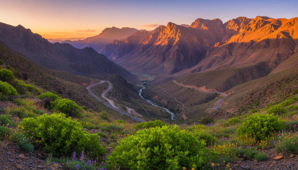 A breathtaking view of the Atlas Mountains in Morocco during golden hour, showcasing the rugged peaks and dramatic rock formations. In the foreground, vibrant green shrubs and wildflowers add a pop of color, leading the viewer's eye towards the majestic mountains. The middle ground features winding roads and a serene river snaking through the valley, hinting at the journey to the Gole del Dades. The background displays the towering, sunlit peaks of the Atlas Mountains, bathed in warm hues of orange and yellow, contrasting with the cool shadows of the valleys. The atmosphere is tranquil and inspiring, evoking a sense of adventure and exploration in a stunning natural landscape, captured with a wide-angle lens to emphasize depth and grandeur.