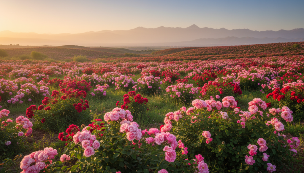 A breathtaking view of the Valle delle Rose in full bloom, showcasing vibrant pink and red rose bushes sprawling across the landscape. In the foreground, clusters of colorful roses intertwined with lush green leaves create a vivid tapestry, while in the middle ground, gently rolling hills are dotted with more roses, their colors vibrant under the golden sun. The background features the Atlas Mountains, shimmering in soft morning light, adding depth to the scene. The sky is painted in warm hues of orange and soft blue, suggesting the early hours of a perfect spring day. The atmosphere feels serene and inviting, capturing the essence of the ideal time to visit this unique valley. The composition is crisp and clear, with a slight soft-focus on the far mountains, emphasizing the roses in the foreground.