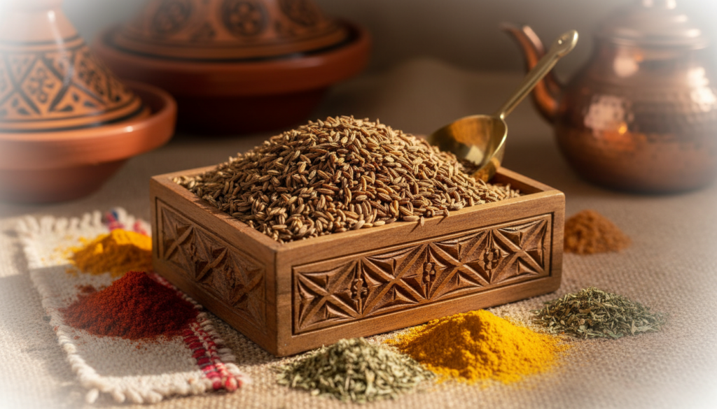 A close-up of a wooden spice box filled with vibrant, earthy cumino seeds, showcasing their rich brown and golden hues. In the foreground, a small brass scoop leans against the box, glistening under warm, natural light. The middle ground features an assortment of Moroccan spices, like paprika and turmeric, scattered artfully around the spice box, blending in with textures of burlap and woven fabric. In the background, soft, blurred silhouettes of traditional Moroccan cookware hint at the culinary heritage. The atmosphere is warm and inviting, evoking the rich flavors and aromas of Moroccan cooking. Capture the image with soft-focused edges to create a cozy, homely feel, emphasizing the beauty and importance of cumino in Moroccan cuisine.