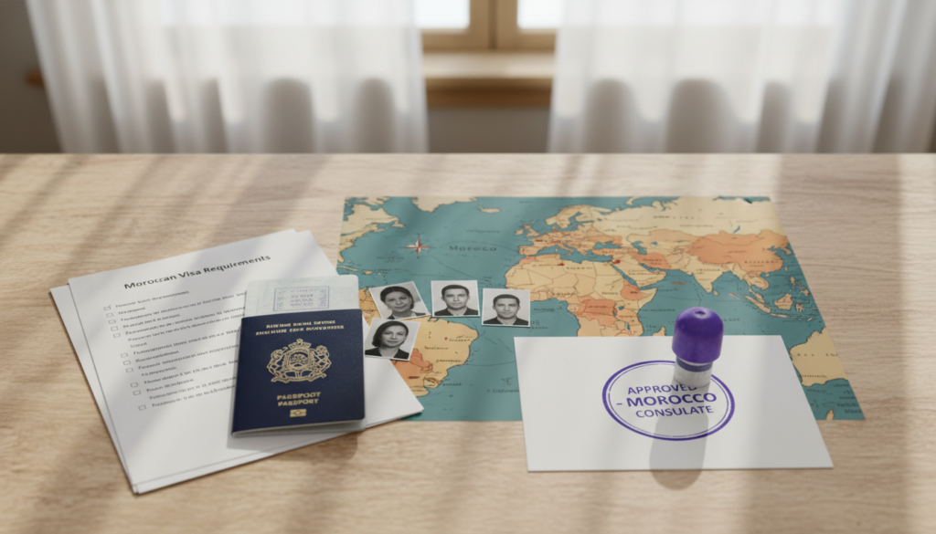 A flat lay composition featuring essential documents required for a Moroccan visa. The foreground includes a neatly organized assortment of items: a detailed checklist, a valid passport, a printed application form, recent passport-sized photographs, and a stamp of approval. The middle ground shows a beautifully designed map of Morocco, subtly highlighting major cities and attractions. In the background, soft natural lighting filters through a window, casting gentle shadows, creating a sense of clarity and organization. The atmosphere is calm and focused, evoking preparation and readiness for travel. Use a shallow depth of field to draw attention to the documents, ensuring a clean and professional presentation, without any text or clutter.