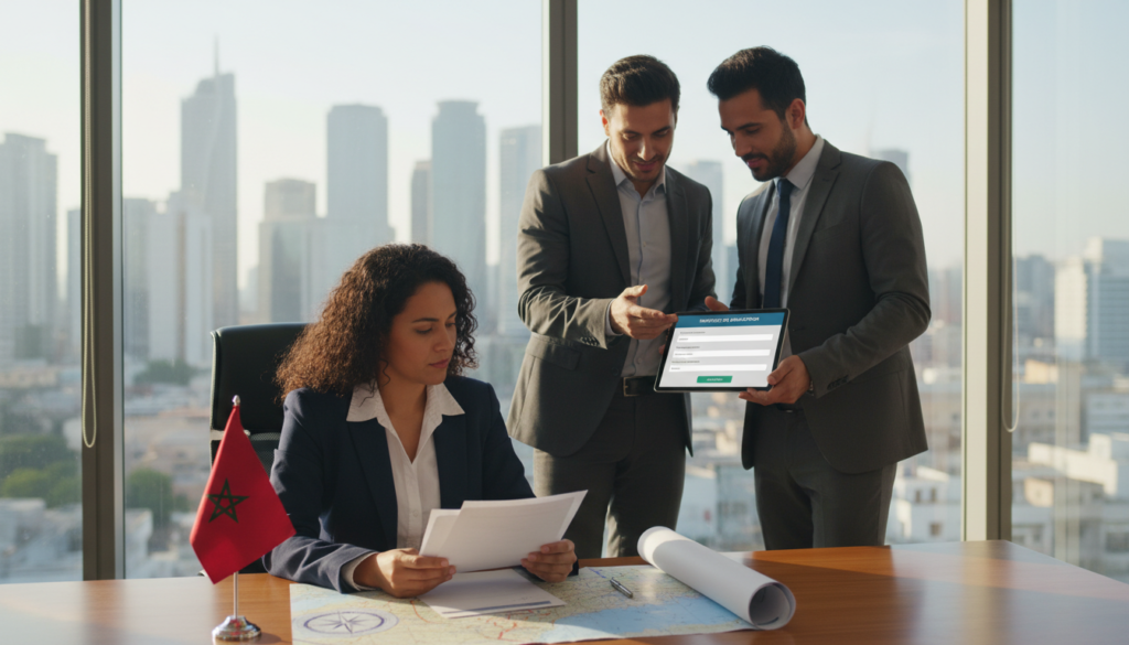A professional and informative setting depicting a modern office environment where a diverse group of individuals (two men and one woman) in professional business attire are discussing visa requirements for Morocco. In the foreground, a focused woman is reviewing paperwork, with a Moroccan flag and a map of Morocco visible on the desk beside her. In the middle ground, two men are engaged in conversation, pointing at a digital tablet displaying visa application information. The background shows a large window with a view of a cityscape, bathed in warm afternoon sunlight, creating an inviting atmosphere. The image conveys a sense of collaboration and purpose, highlighting the importance of understanding visa requirements for traveling to Morocco. The composition should emphasize clarity and professionalism, with a balanced focus on the individuals and the materials they are working with.