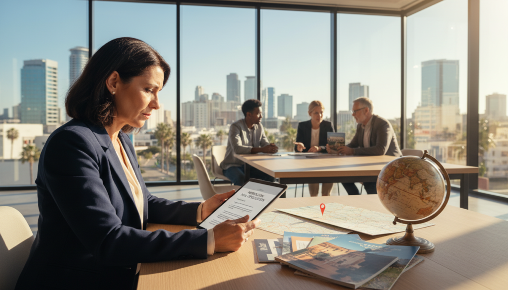 A professional, modern office setting where a diverse group of individuals is engaged in discussions about travel to Morocco. In the foreground, a middle-aged woman in professional attire is reviewing a Moroccan visa application on a tablet, her expression focused and thoughtful. The middle ground features a table with travel brochures, maps of Morocco, and a small globe highlighting Morocco's location. In the background, a large window reveals a bright, sunlit cityscape, suggesting an open and welcoming atmosphere. The lighting is warm and inviting, creating a sense of optimism for travel. The overall mood is informative and collaborative, emphasizing preparation for a journey to Morocco without any distractions or text elements.