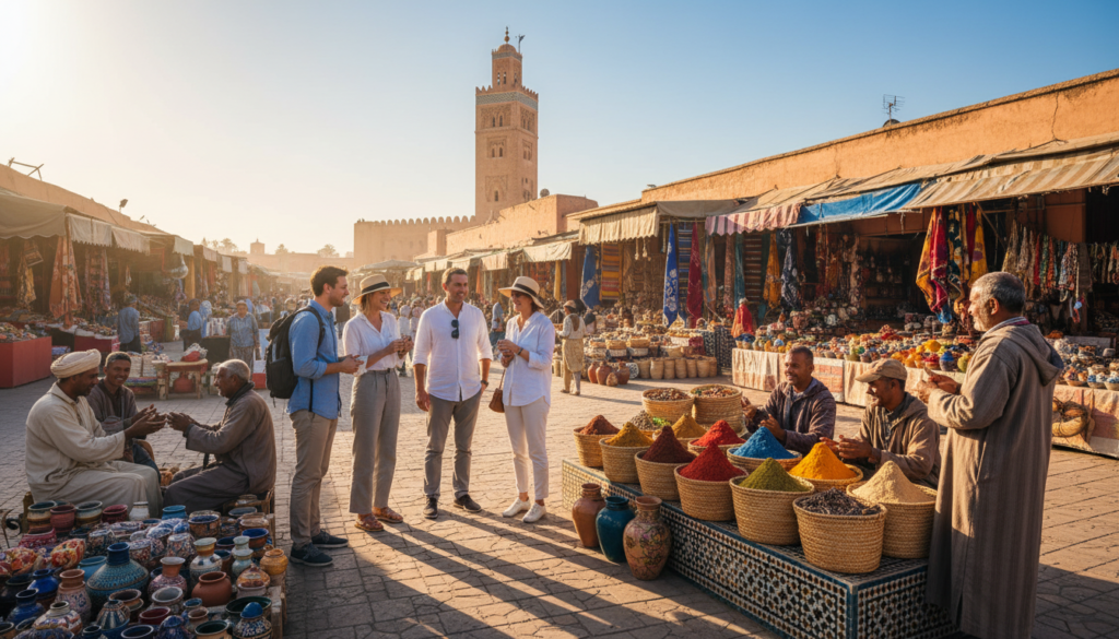 A scenic view depicting the essence of Moroccan culture, focusing on a vibrant market scene in Marrakech. In the foreground, a diverse group of travelers dressed in modest, professional casual clothing engages respectfully with local artisans showcasing handcrafted goods. The middle ground features colorful stalls filled with traditional Moroccan textiles, pottery, and spices, surrounded by intricate mosaics. In the background, a historic mosque stands against a blue sky, its minaret reaching upward, symbolizing the rich heritage of Morocco. The lighting is warm and inviting, casting soft shadows that enhance the textures. The mood is harmonious, conveying respect and appreciation for local customs, encouraging cultural exchange and a safe travel experience. A scenic view depicting the essence of Moroccan culture, focusing on a vibrant market scene in Marrakech. In the foreground, a diverse group of travelers dressed in modest, professional casual clothing engages respectfully with local artisans showcasing handcrafted goods. The middle ground features colorful stalls filled with traditional Moroccan textiles, pottery, and spices, surrounded by intricate mosaics. In the background, a historic mosque stands against a blue sky, its minaret reaching upward, symbolizing the rich heritage of Morocco. The lighting is warm and inviting, casting soft shadows that enhance the textures. The mood is harmonious, conveying respect and appreciation for local customs, encouraging cultural exchange and a safe travel experience.