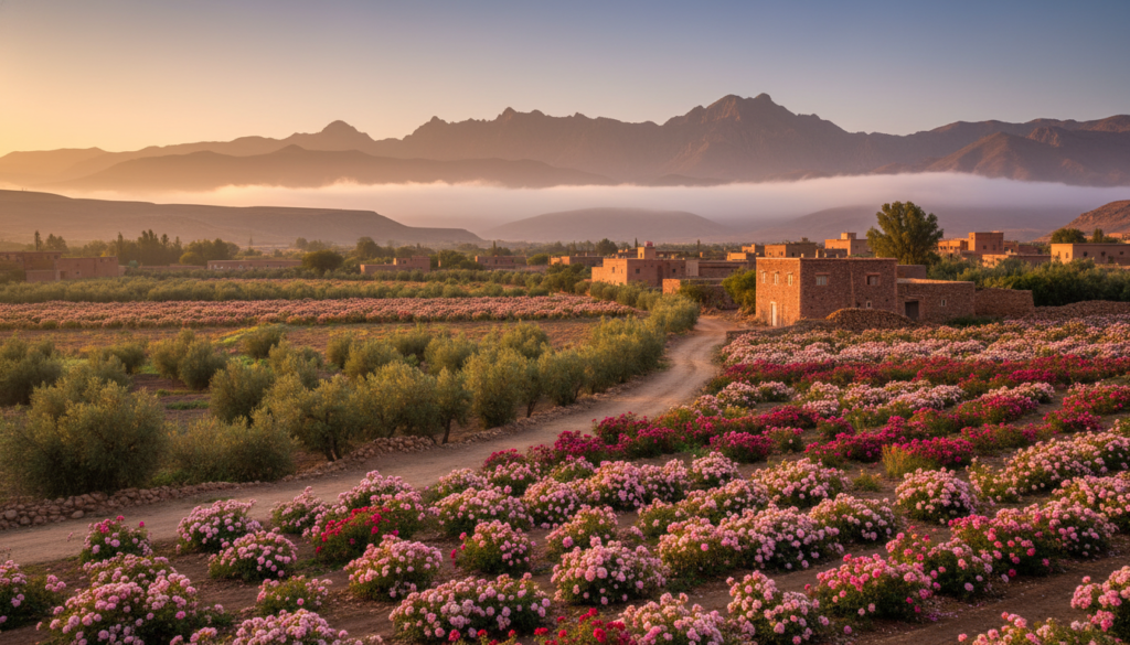 A scenic view of Valle delle Rose in Morocco, showcasing the vibrant pink and red rose gardens in the foreground, lush and blooming under soft morning light. The middle ground features winding paths lined with trees and small, rustic stone houses reflecting traditional Moroccan architecture. In the background, majestic mountains rise, partially shrouded in mist, enhancing the natural beauty of the landscape. Utilize a wide-angle shot to capture the vastness of the valley, using a warm, inviting color palette that conveys a sense of tranquility and wonder. The overall atmosphere should feel serene and picturesque, inviting viewers to imagine their journey into this unique destination.