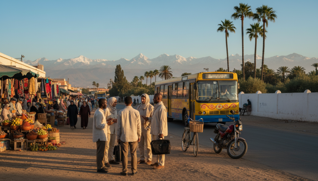 A vibrant Moroccan street scene showcasing various modes of transport. In the foreground, a group of professionals in modest casual clothing, engaged in conversation while awaiting a bus. The middle ground features a colorful bus adorned with traditional Moroccan patterns, alongside a bicycle and a motorbike parked beside a bustling market. In the background, the Atlas Mountains rise majestically under a clear blue sky, with palm trees swaying gently. The lighting is warm and golden, suggesting late afternoon, creating an inviting atmosphere. The scene captures the essence of safe and reliable travel in Morocco, with a sense of community and adventure. Use a wide-angle lens to emphasize depth and vibrancy. A vibrant Moroccan street scene showcasing various modes of transport. In the foreground, a group of professionals in modest casual clothing, engaged in conversation while awaiting a bus. The middle ground features a colorful bus adorned with traditional Moroccan patterns, alongside a bicycle and a motorbike parked beside a bustling market. In the background, the Atlas Mountains rise majestically under a clear blue sky, with palm trees swaying gently. The lighting is warm and golden, suggesting late afternoon, creating an inviting atmosphere. The scene captures the essence of safe and reliable travel in Morocco, with a sense of community and adventure. Use a wide-angle lens to emphasize depth and vibrancy.