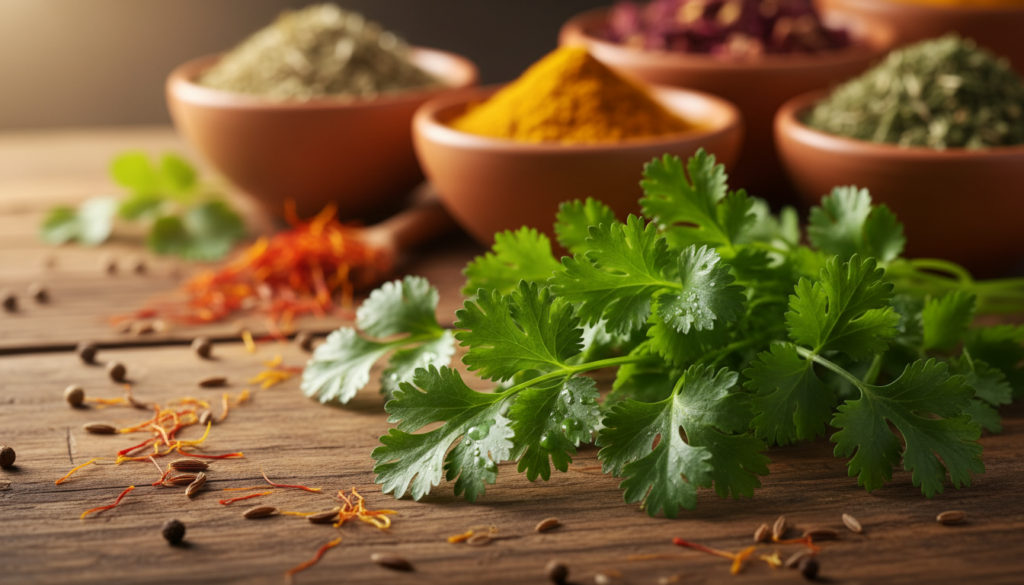 A vibrant, close-up depiction of fresh coriander leaves, showcasing their lush green color and delicate, feathery texture. In the foreground, clusters of coriander leaves are highlighted, glistening with morning dew, symbolizing freshness. The middle layer features a rustic wooden table adorned with spices, such as saffron and cumin, creating a warm, earthy atmosphere. In the background, softly blurred pots of traditional Moroccan spices and herbs can be seen, enhancing the connection to Moroccan cuisine. The lighting is warm and natural, reminiscent of golden hour, casting gentle shadows and emphasizing the details in the coriander leaves. The overall mood is inviting and lively, capturing the essence of freshness and flavor.