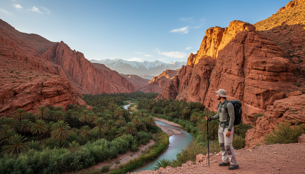 A vibrant scene of a trekker navigating the stunning Gole del Dades in Morocco during the optimal season for travel. In the foreground, a fit individual clothed in modest, breathable hiking attire is holding a trekking pole, gazing at the dramatic red cliffs. The middle ground features the lush, winding river flanked by palm trees and verdant vegetation, contrasting with the rugged rock formations. In the background, the majestic Atlas Mountains rise under a clear blue sky with soft, golden sunlight casting gentle shadows. Capture a sense of adventure and tranquility in this natural landscape, emphasizing the rich textures of the rocks and the vibrant colors of the flora. The atmosphere should evoke excitement and peacefulness, perfect for exploration. Use a panoramic angle to showcase the scale and beauty of the environment.