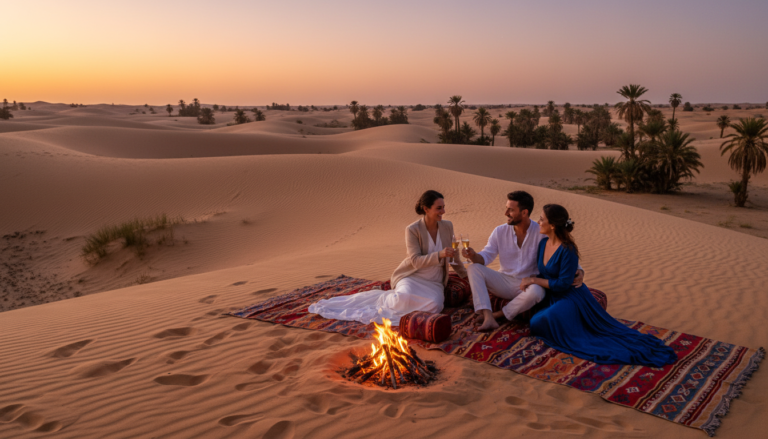 Deserto del Sahara luna di miele Turisti che camminano nella medina di Marrakech con colori vivaci, atmosfera autentica e sensazione di sicurezza durante il viaggio in Marocco.