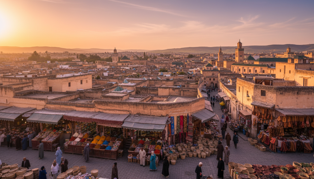 A scenic view of the historic city of Fez, Morocco, during the golden hour, capturing the intricate architecture of ancient buildings and bustling markets. In the foreground, a vibrant traditional Moroccan street market with colorful textiles and spices displayed, showcasing lively interactions among modestly dressed locals. In the middle ground, the stunning minarets and domes of ancient mosques rise against a backdrop of rolling hills. The sky is a warm blend of oranges and pinks, creating a serene and inviting atmosphere. Soft, diffused lighting enhances the textures of the stone walls and the intricate patterns of the mosaics. The angle is slightly elevated, providing a broad perspective of this imperial city, inviting viewers to explore and experience its rich culture. A scenic view of the historic city of Fez, Morocco, during the golden hour, capturing the intricate architecture of ancient buildings and bustling markets. In the foreground, a vibrant traditional Moroccan street market with colorful textiles and spices displayed, showcasing lively interactions among modestly dressed locals. In the middle ground, the stunning minarets and domes of ancient mosques rise against a backdrop of rolling hills. The sky is a warm blend of oranges and pinks, creating a serene and inviting atmosphere. Soft, diffused lighting enhances the textures of the stone walls and the intricate patterns of the mosaics. The angle is slightly elevated, providing a broad perspective of this imperial city, inviting viewers to explore and experience its rich culture.