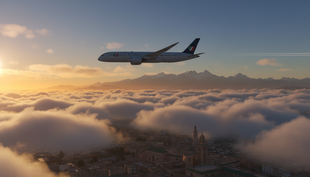 A scenic view showcasing a flight journey to Fez, Morocco. In the foreground, the silhouetted forms of an airplane soaring through fluffy white clouds against a vibrant blue sky, symbolizing travel. In the middle ground, hints of iconic Moroccan architecture—intricate mosaic patterns and terracotta rooftops—emerge as the airplane approaches the majestic city. The background features distant snow-capped Atlas Mountains under a soft sunset glow, enhancing the mood of adventure and exploration. Warm, golden lighting bathes the scene, creating an inviting atmosphere. The perspective captures both the thrill of the flight and the beauty of the destination, evoking a sense of wanderlust and anticipation for travel from Italy to the enchanting city of Fez. A scenic view showcasing a flight journey to Fez, Morocco. In the foreground, the silhouetted forms of an airplane soaring through fluffy white clouds against a vibrant blue sky, symbolizing travel. In the middle ground, hints of iconic Moroccan architecture—intricate mosaic patterns and terracotta rooftops—emerge as the airplane approaches the majestic city. The background features distant snow-capped Atlas Mountains under a soft sunset glow, enhancing the mood of adventure and exploration. Warm, golden lighting bathes the scene, creating an inviting atmosphere. The perspective captures both the thrill of the flight and the beauty of the destination, evoking a sense of wanderlust and anticipation for travel from Italy to the enchanting city of Fez.