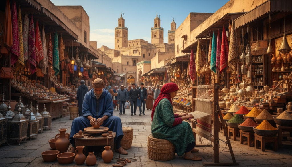 A vibrant scene of the Medina of Fez, showcasing its intricate architecture and bustling atmosphere. In the foreground, traditional Moroccan artisans are skillfully crafting pottery and textiles, wearing modest, colorful clothing that reflects local culture. The middle ground features narrow, winding alleys lined with vibrant souks filled with handcrafted goods, rich fabrics, and spices, bathed in warm golden sunlight. Towering above, the impressive minarets and ancient buildings of the medina rise against a clear blue sky, highlighting the architectural beauty of this historic city. Capture the essence of Fez with a sense of liveliness and cultural richness, using a wide-angle lens to emphasize depth, with soft, warm lighting to create an inviting and magical ambiance. A vibrant scene of the Medina of Fez, showcasing its intricate architecture and bustling atmosphere. In the foreground, traditional Moroccan artisans are skillfully crafting pottery and textiles, wearing modest, colorful clothing that reflects local culture. The middle ground features narrow, winding alleys lined with vibrant souks filled with handcrafted goods, rich fabrics, and spices, bathed in warm golden sunlight. Towering above, the impressive minarets and ancient buildings of the medina rise against a clear blue sky, highlighting the architectural beauty of this historic city. Capture the essence of Fez with a sense of liveliness and cultural richness, using a wide-angle lens to emphasize depth, with soft, warm lighting to create an inviting and magical ambiance.