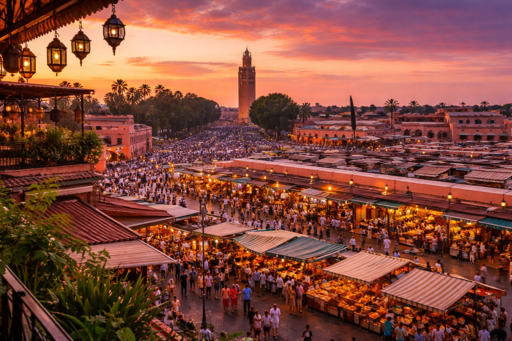 Piazza Jemaa el-Fna a Marrakech con artisti di strada e venditori di spezie”.