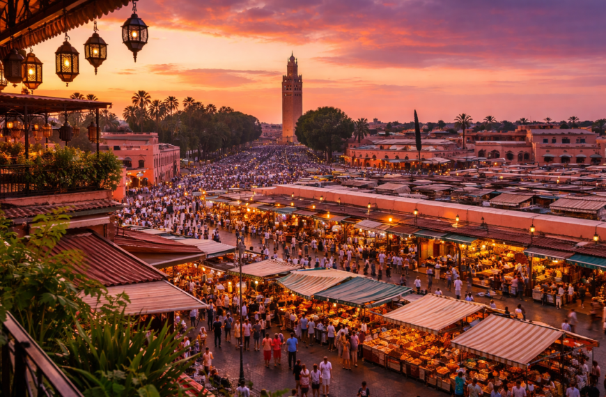 Piazza Jemaa el-Fna a Marrakech con artisti di strada e venditori di spezie”.