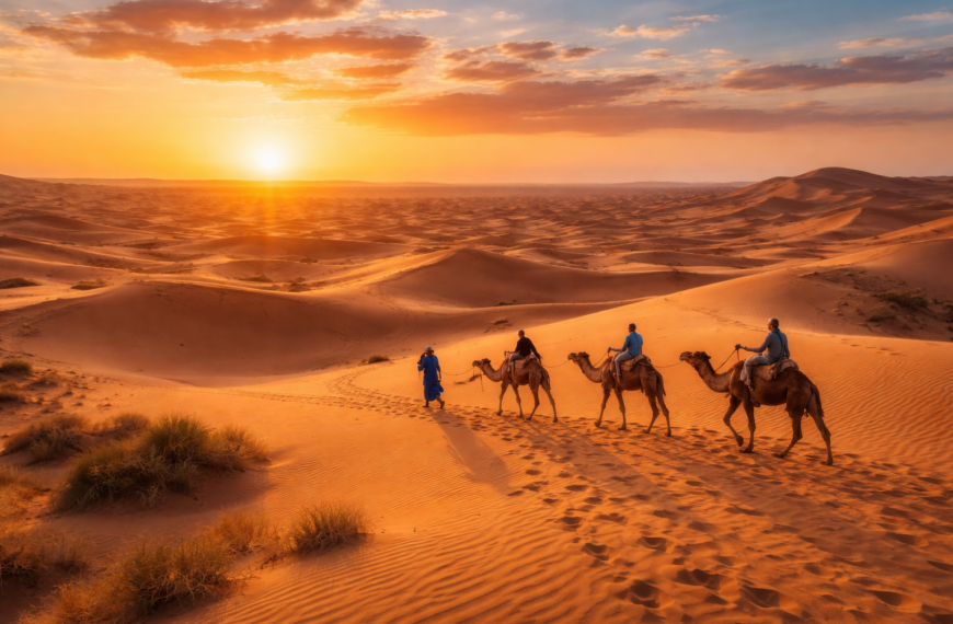 carovana di cammelli nel Deserto del Sahara al tramonto con dune dorate e cielo arancione viaggio in Marocco