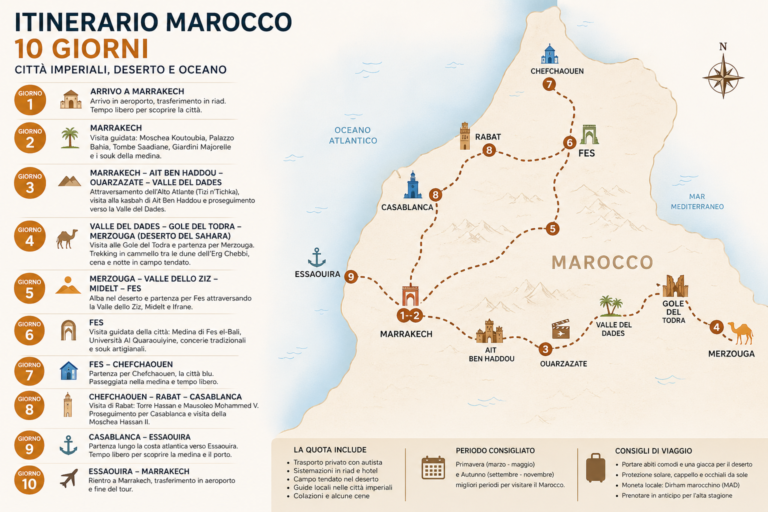 Mappa itinerario Marocco 10 giorni con deserto Sahara e città imperiali